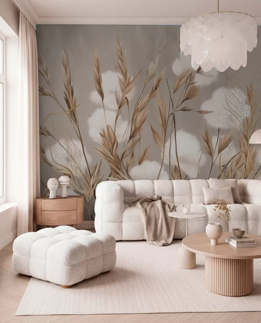 Fototapet Mjuka, fluffiga vita bomullsblommor och högt orange spikeletsgräs mot en dämpad texturerad beige bakgrund w08784