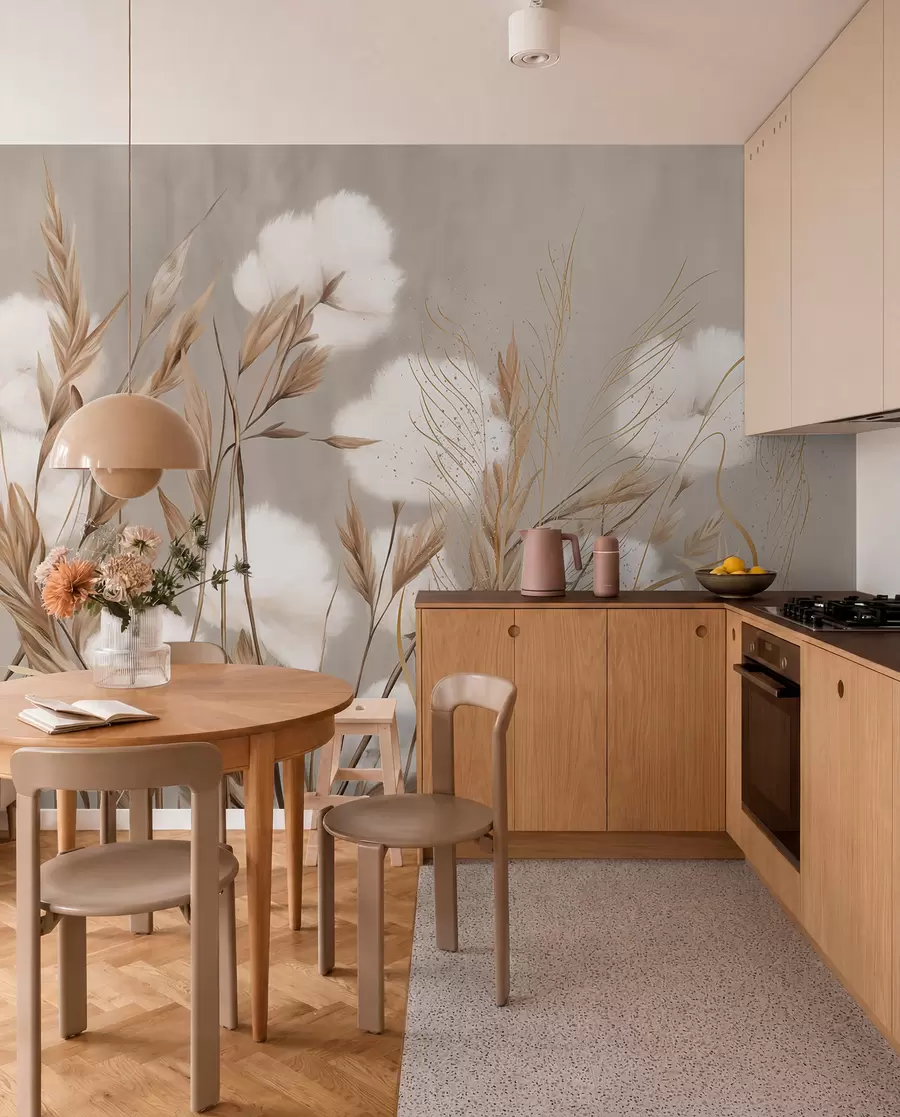 Fototapet Mjuka, fluffiga vita bomullsblommor och högt orange spikeletsgräs mot en dämpad texturerad beige bakgrund w08784