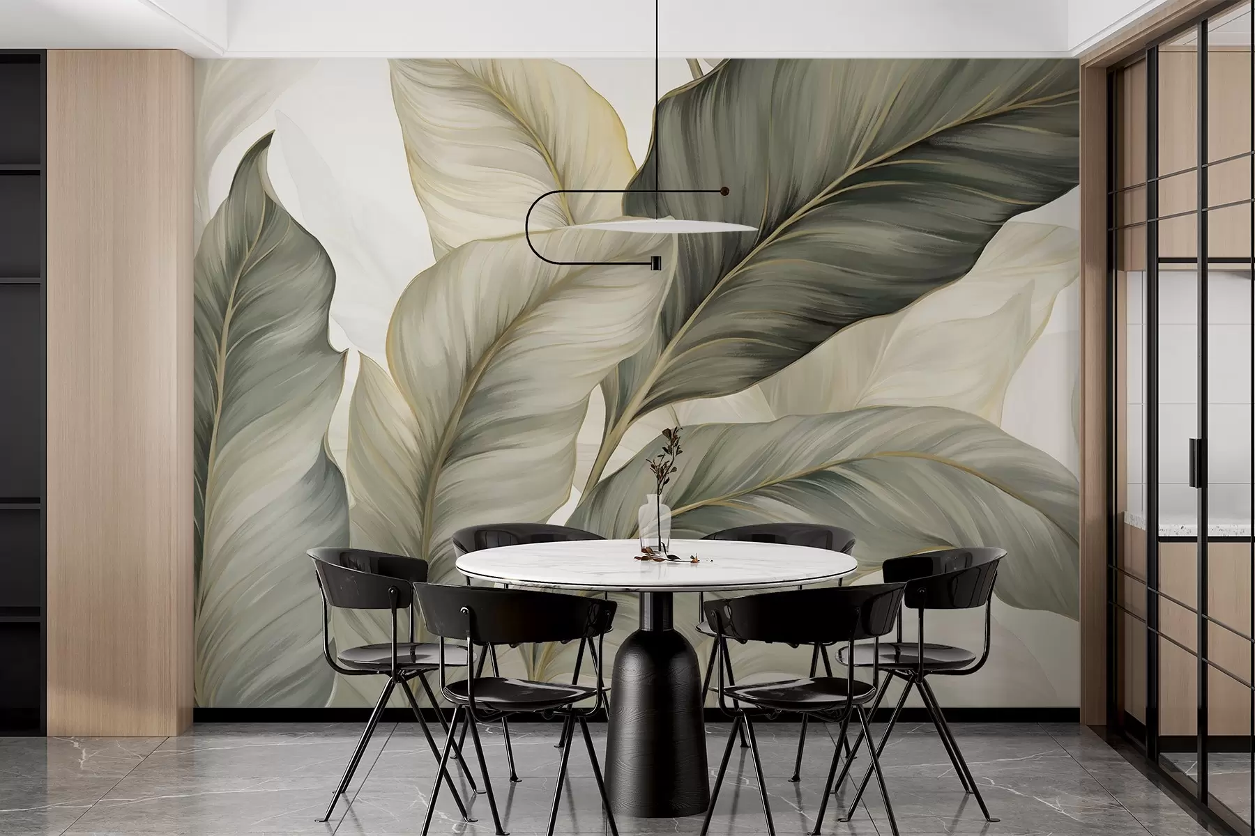 Fototapet Stora, stiliserade blad med detaljerade ådringar i olika nyanser av grönt, grädde och beige w08785