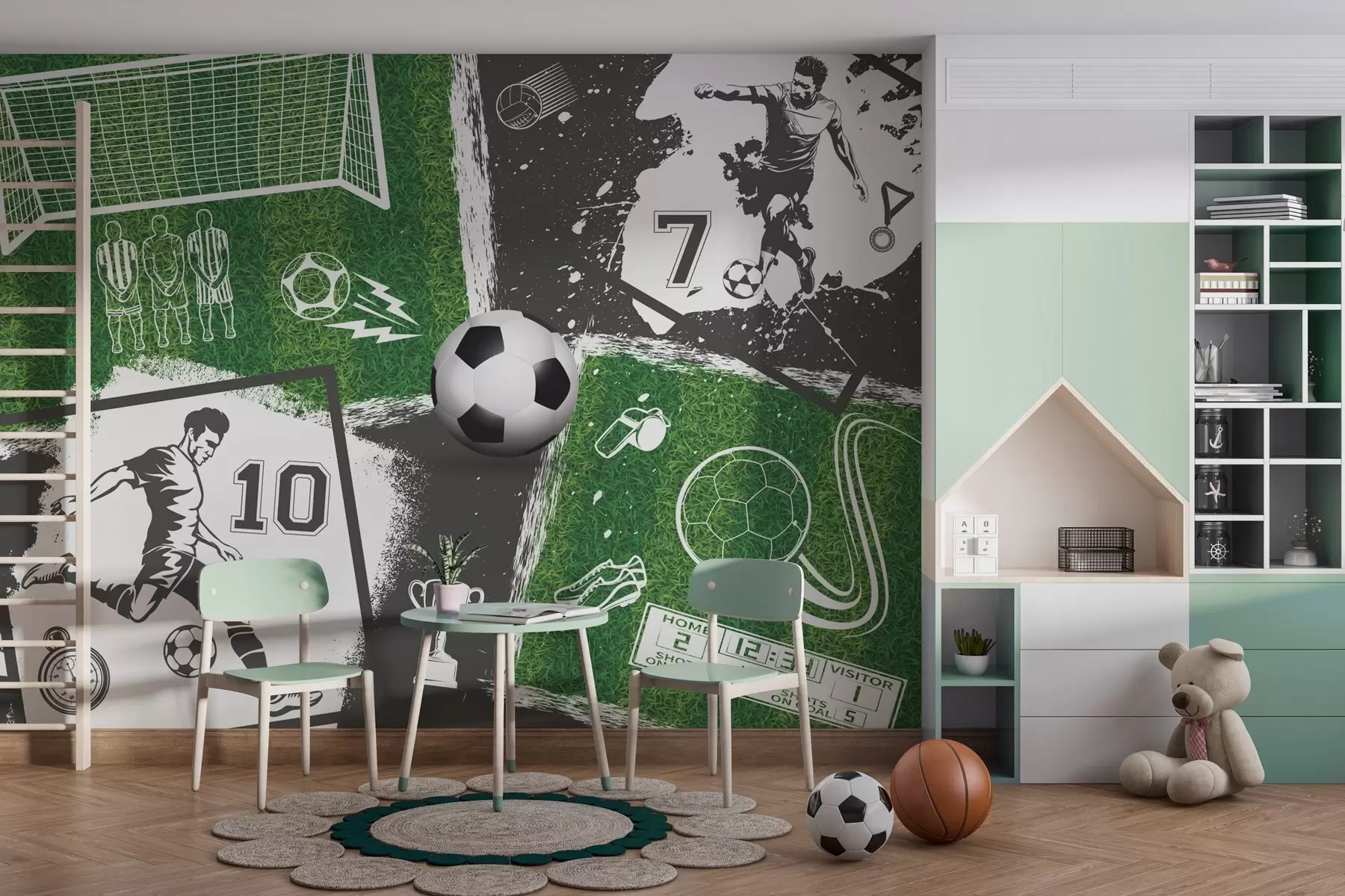 Fototapet Fotbollsspelare, boll och plan w03121