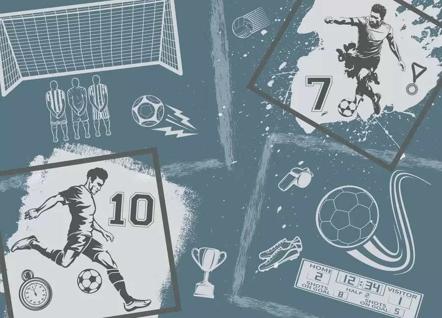 Fototapet Fotbollsspelare, boll och andra fotbollsattribut i blå toner w03122