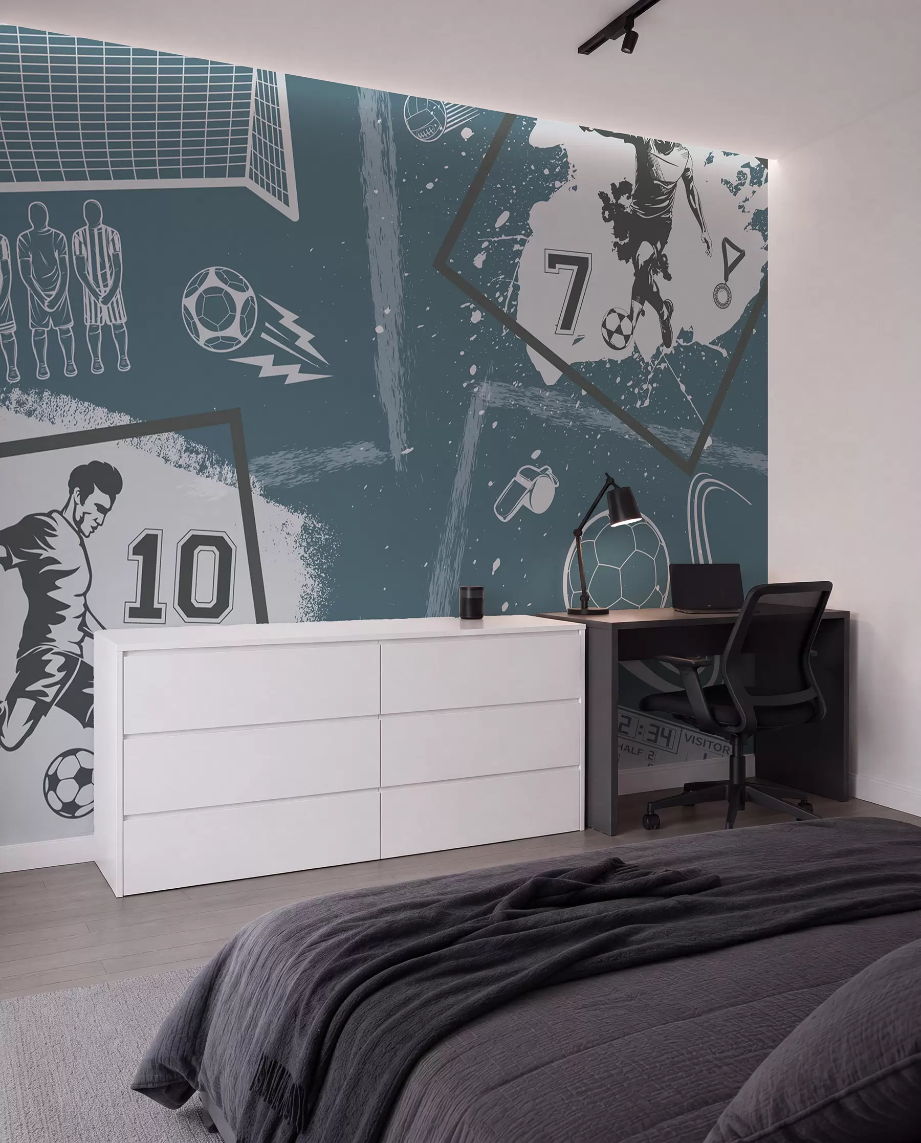 Fototapet Fotbollsspelare, boll och andra fotbollsattribut i blå toner w03122