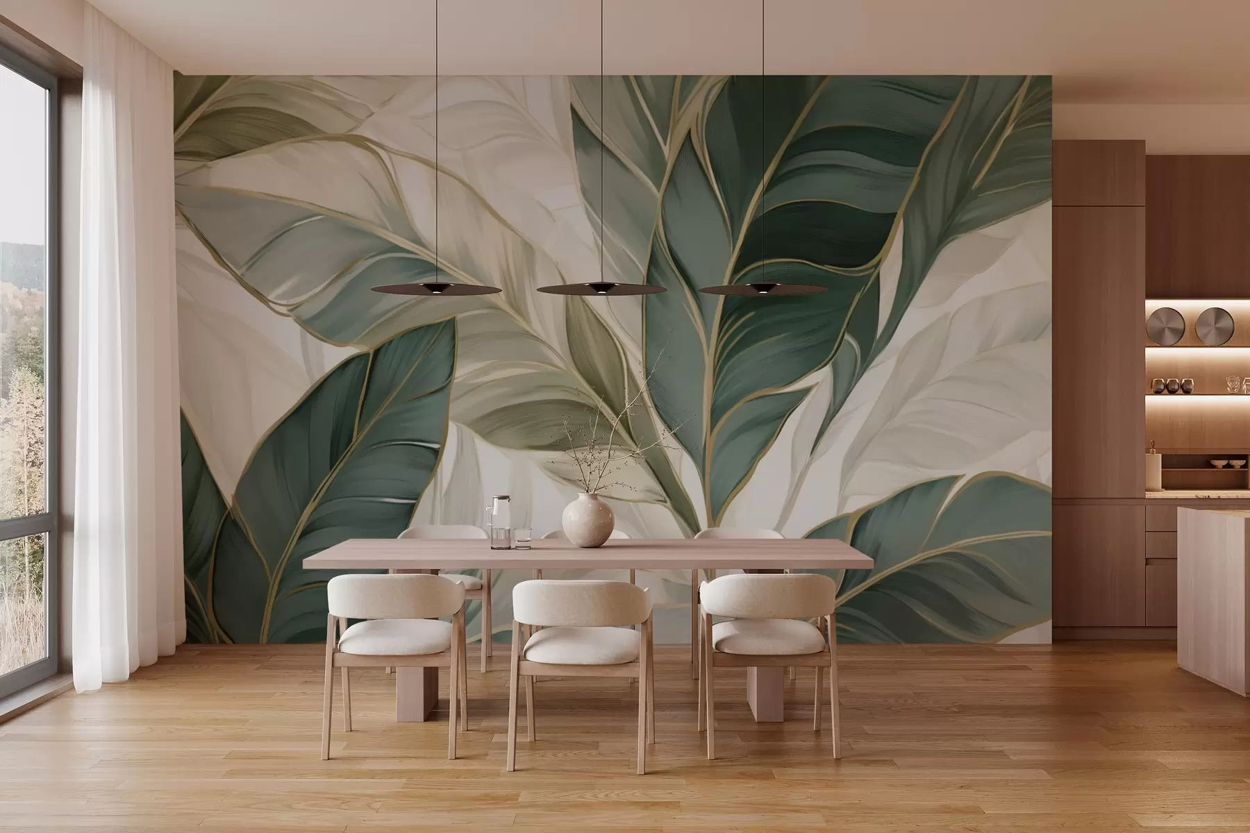 Fototapet Gröna tropiska blad på grå och vit bakgrund w03124