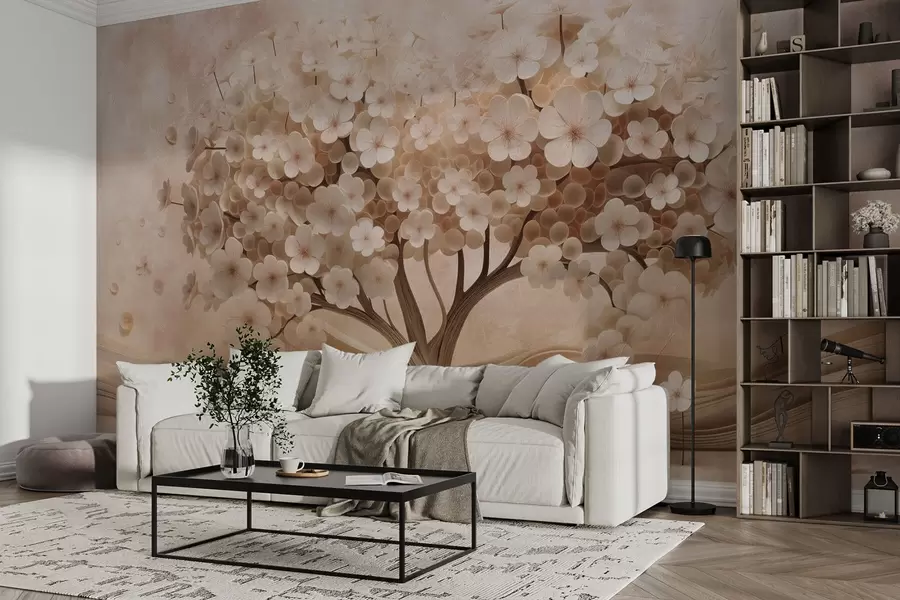 Fototapet Abstrakt träd med små blommor på bakgrunden av en åldrad vägg w08794