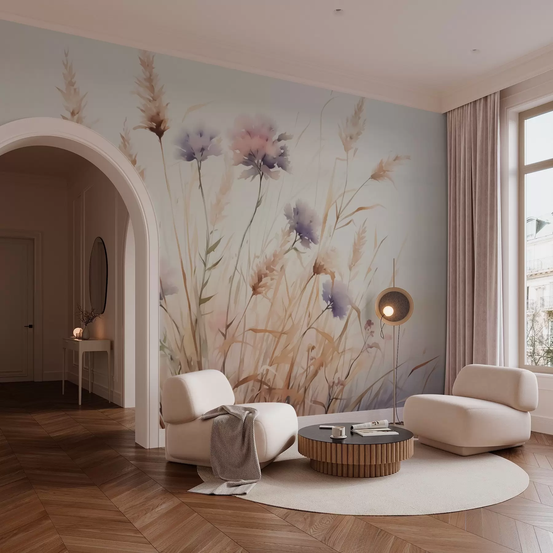 Fototapet Vilda blommor i torrt gräs imitation av akvarell w03174