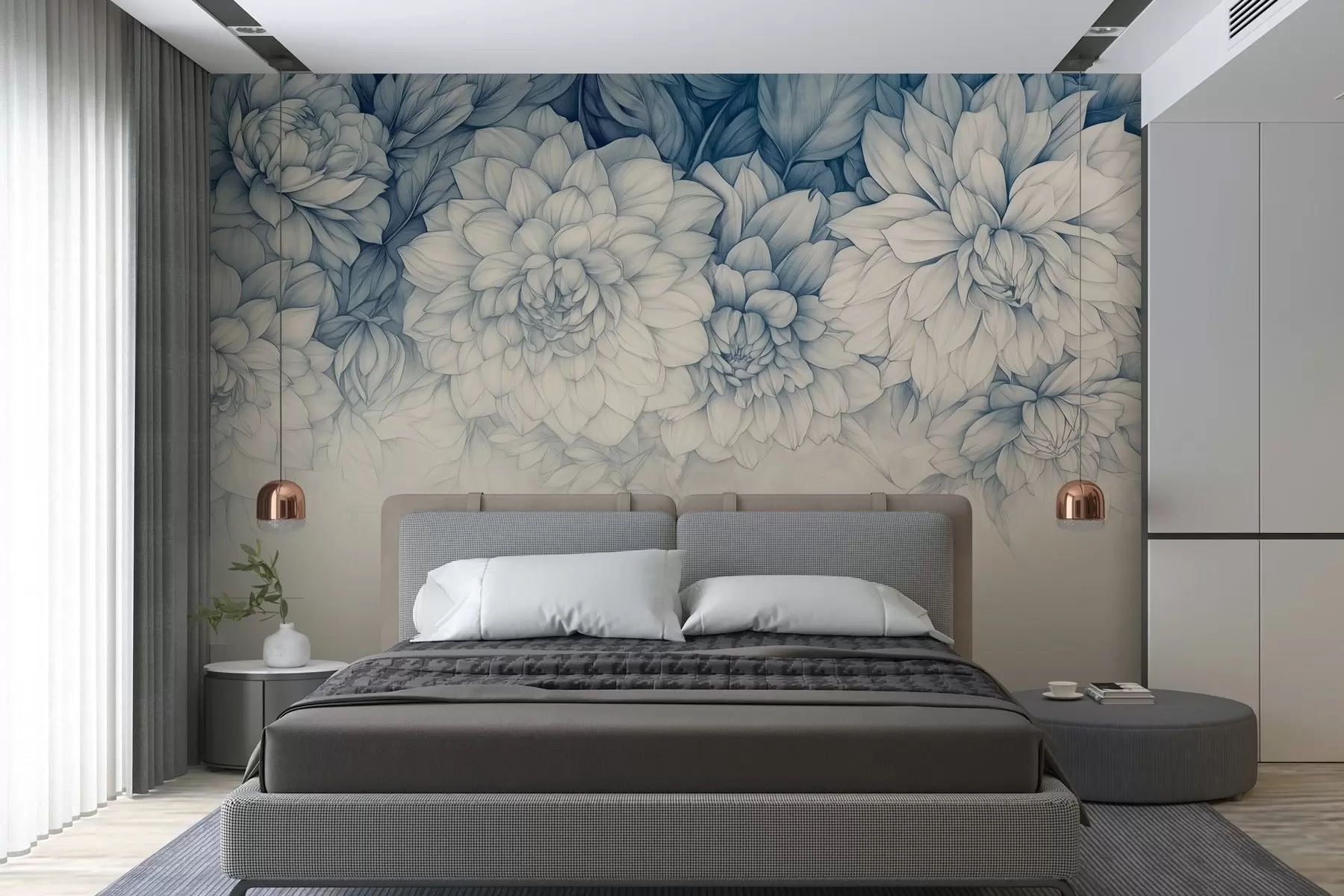 Fototapet frodiga monokroma krysantemum hängande från toppen w03110