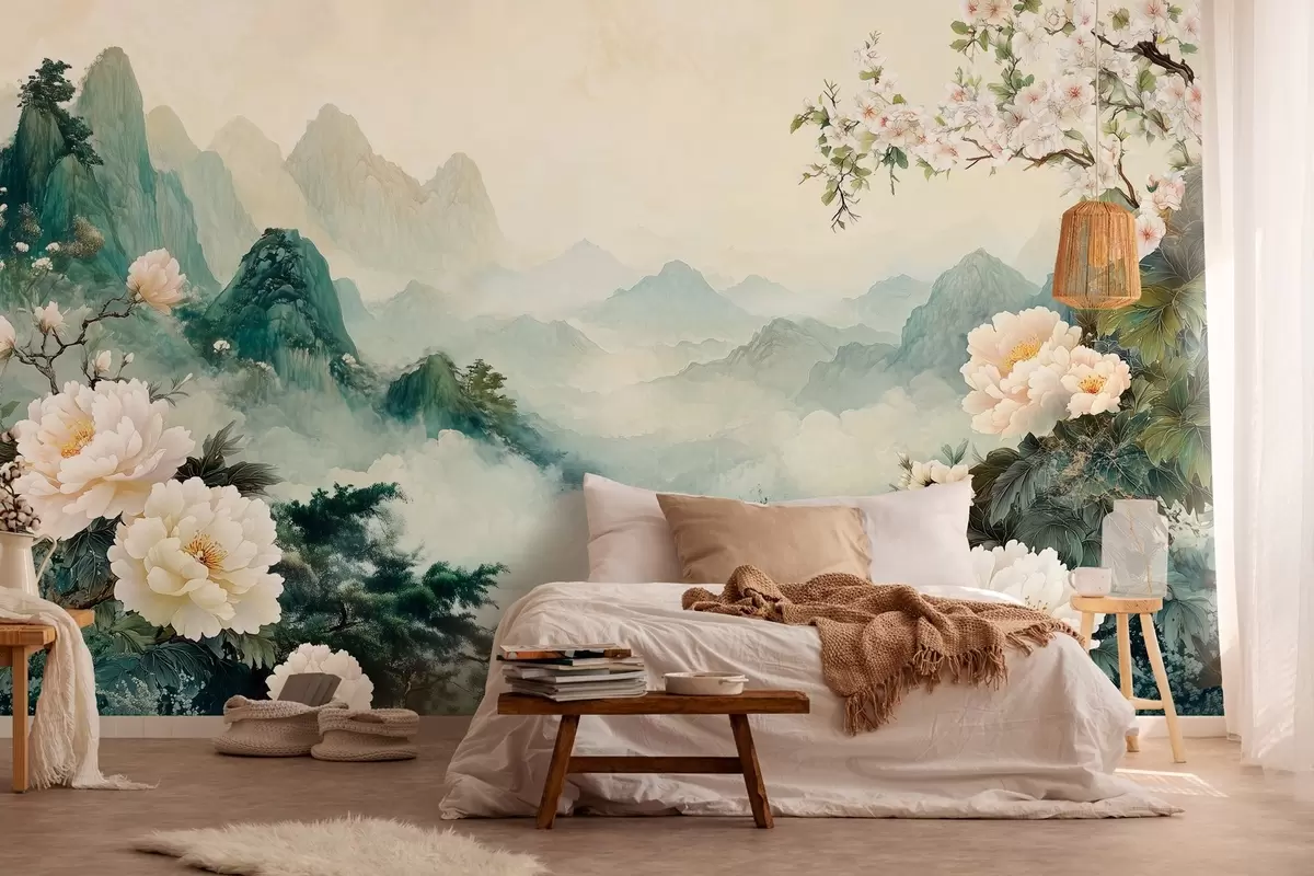 Fototapet landskap med blommor och kullar i orientalisk stil w03111