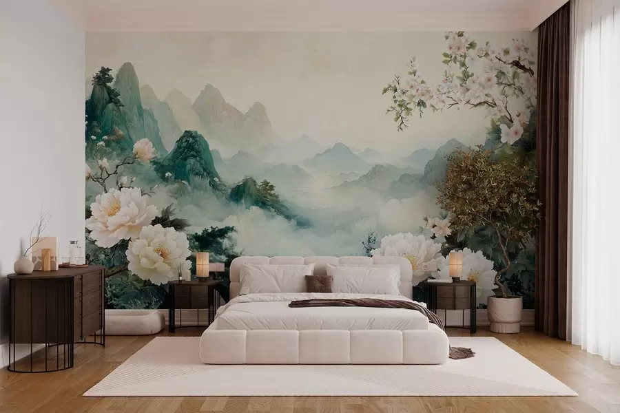 Fototapet landskap med blommor och kullar i orientalisk stil w03111