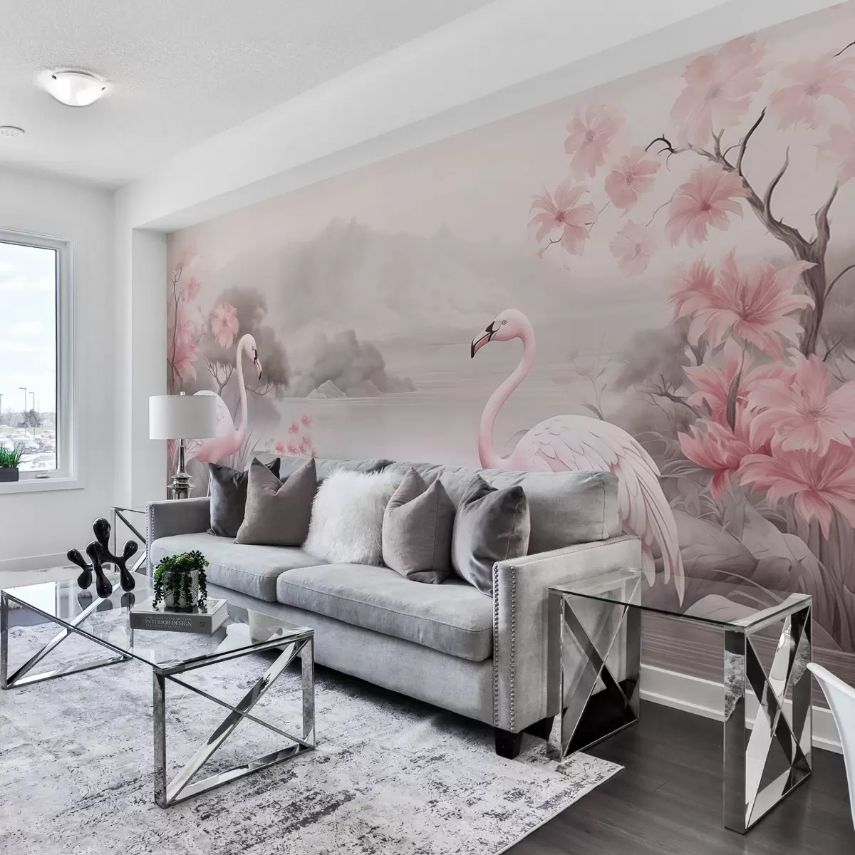 Fototapet Två flamingos i vatten akvarellteckning w03196