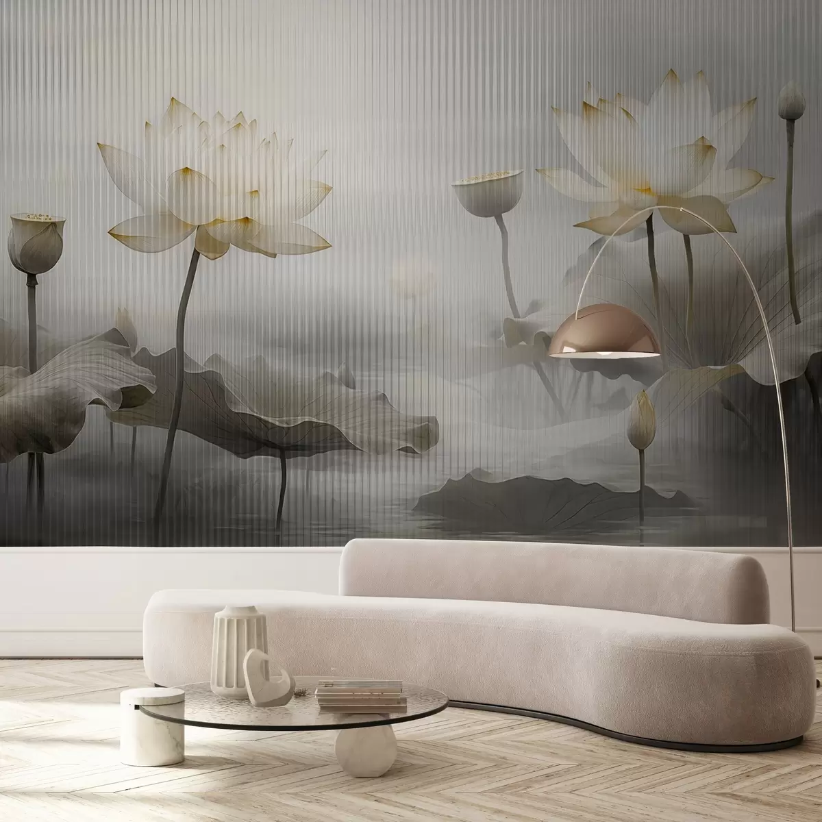 Fototapet Utsikt över lotusar bakom glas w03200v2