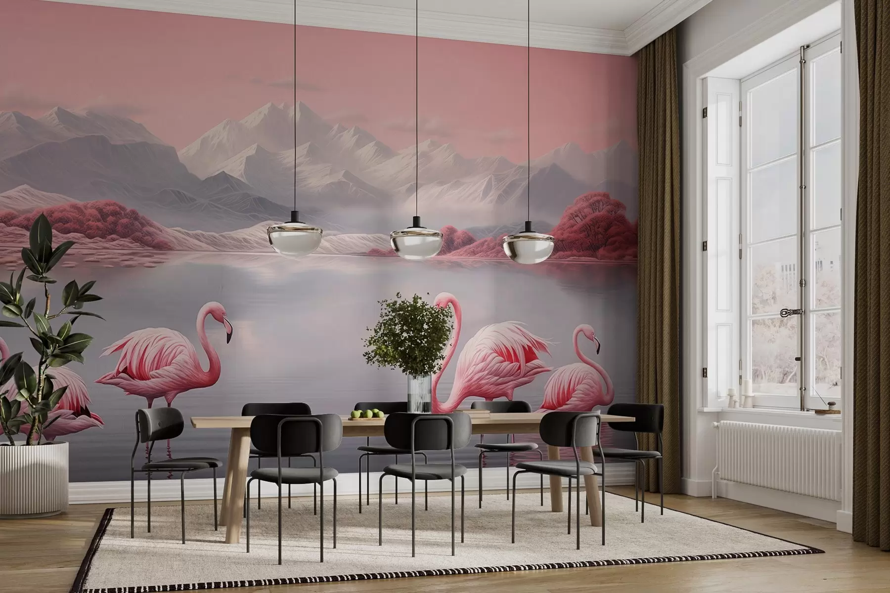 Fototapet Akvarellvy av berg med flamingos w03211