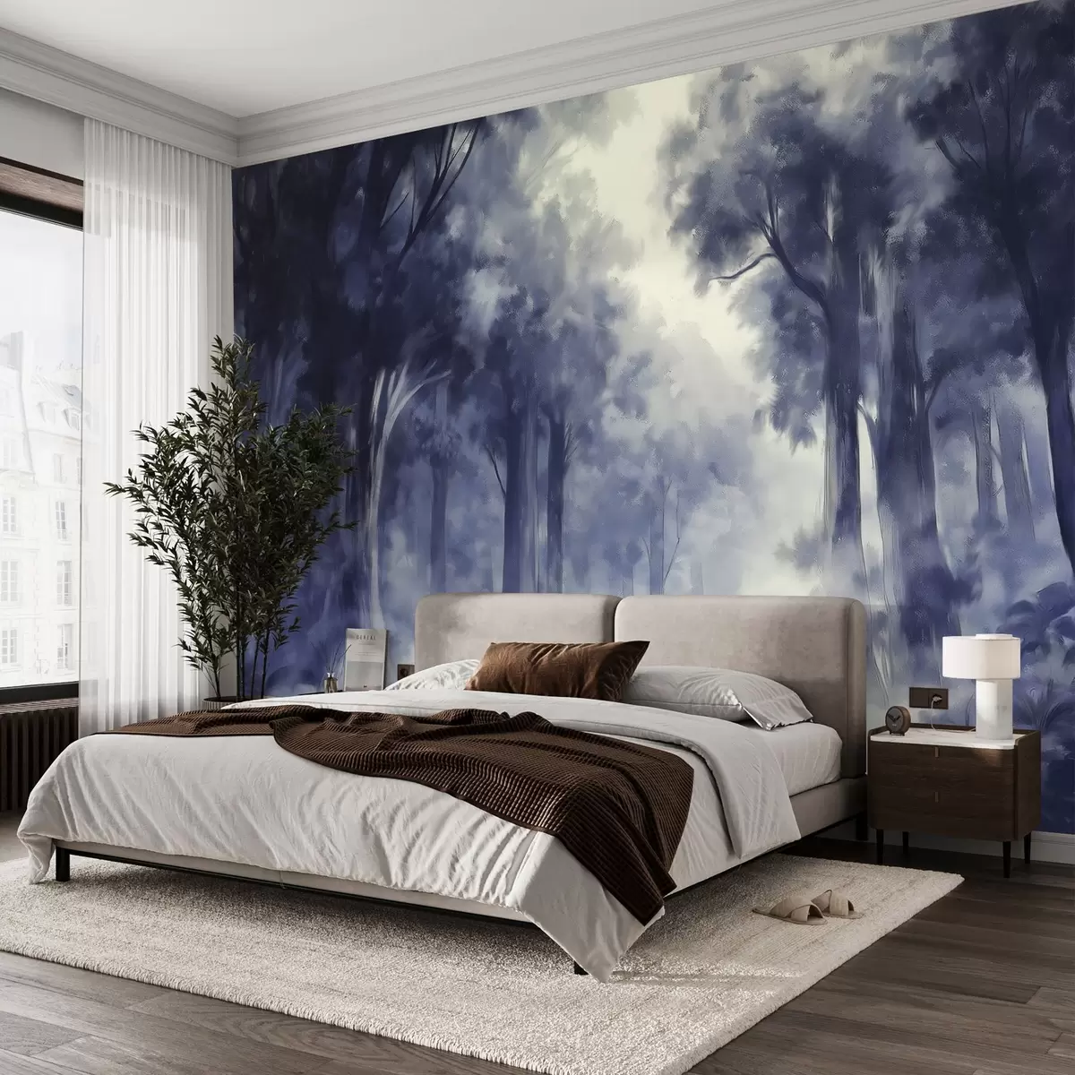 Fototapet Tät skog, teckning i akrylstil, abstrakt konst, blå färger w03147