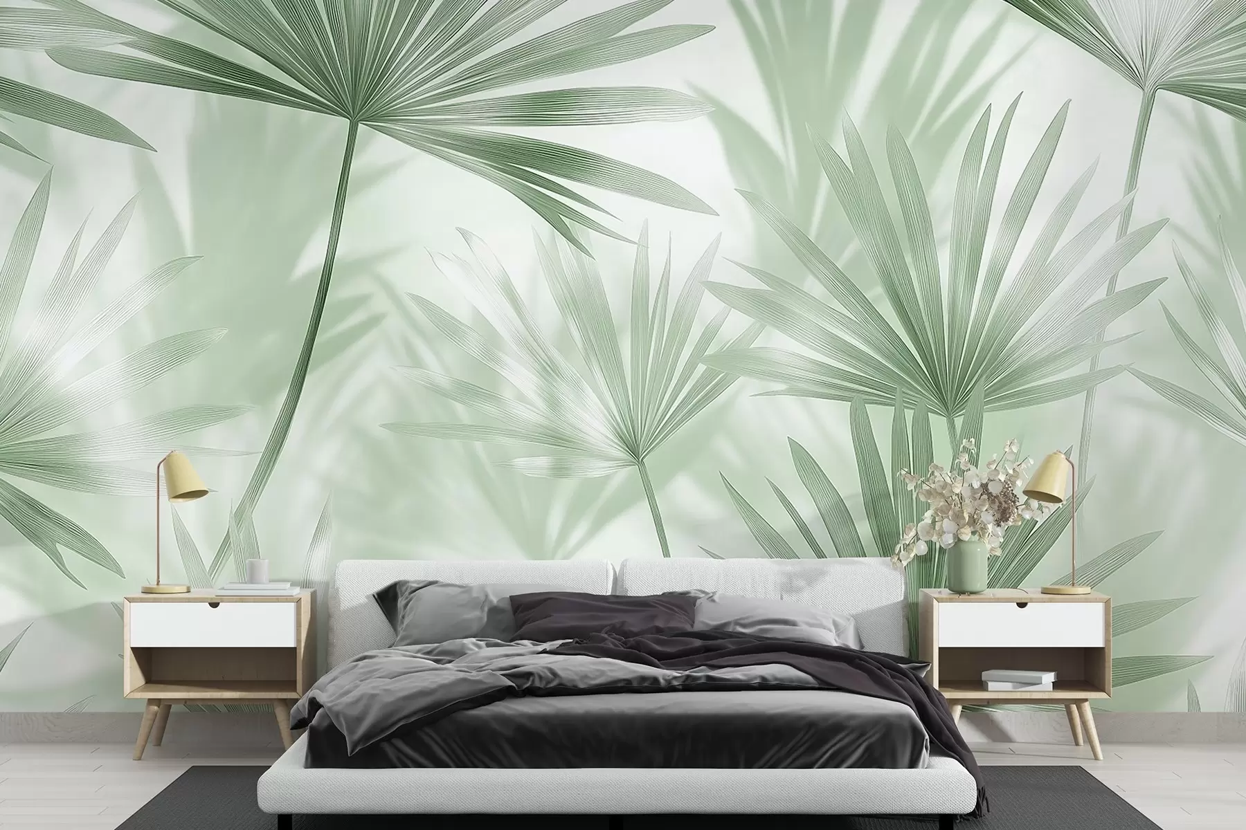 Fototapet Palmblad, blommigt mönster, minimalism, tropiskt, gröna färger w03152v2