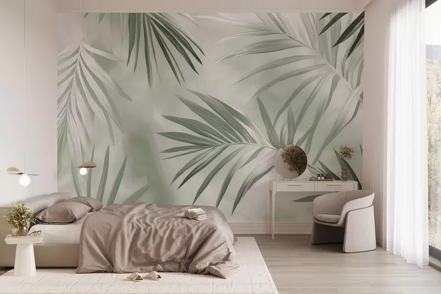 Fototapet Abstraktion av tropiska blad, palmträd, grön färgpalett  w03153v2