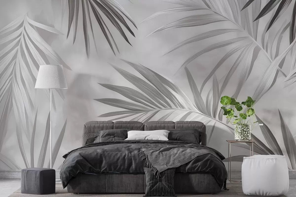 Fototapet Abstraktion av tropiska blad, palmträd, grå färgpalett  w03153v4