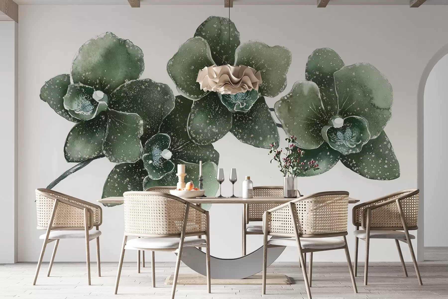 Fototapet Orhid blomma gren, akvarellstil, blommig, gröna färger w03165v1