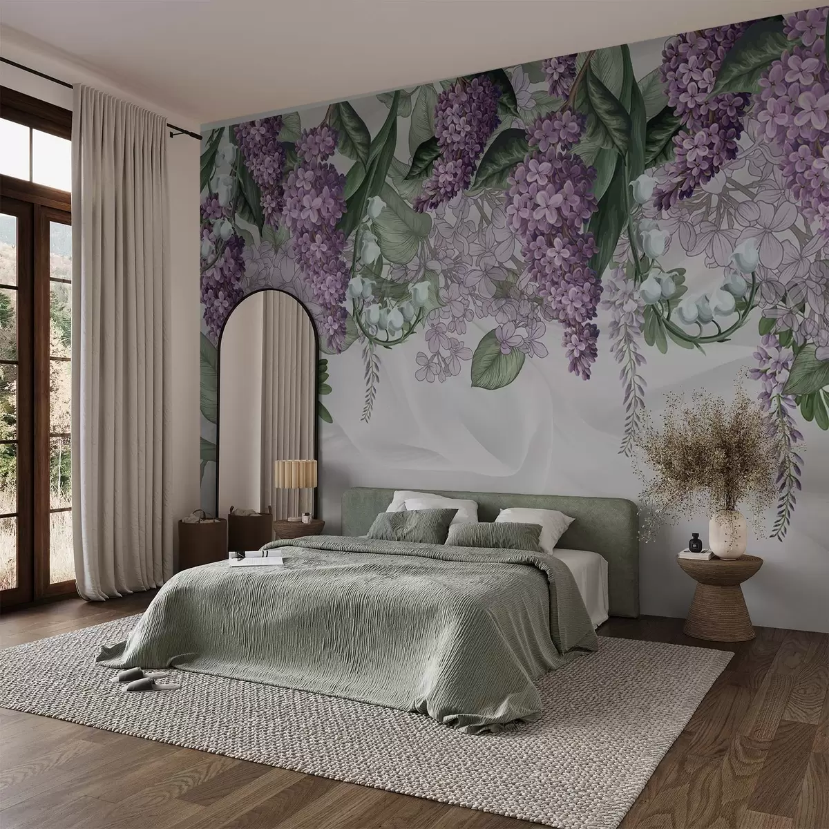 Fototapet Pastellfärgade lila blommor och gröna blad på en vit bakgrund med textur av sidenimitation w08825