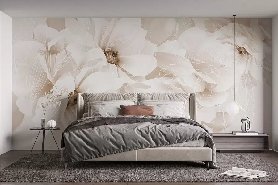 Fototapet Pastellfärgade pionblommor med vita och beige fina kronblad och vita linjer på en ljusbeige bakgrund w08826v1