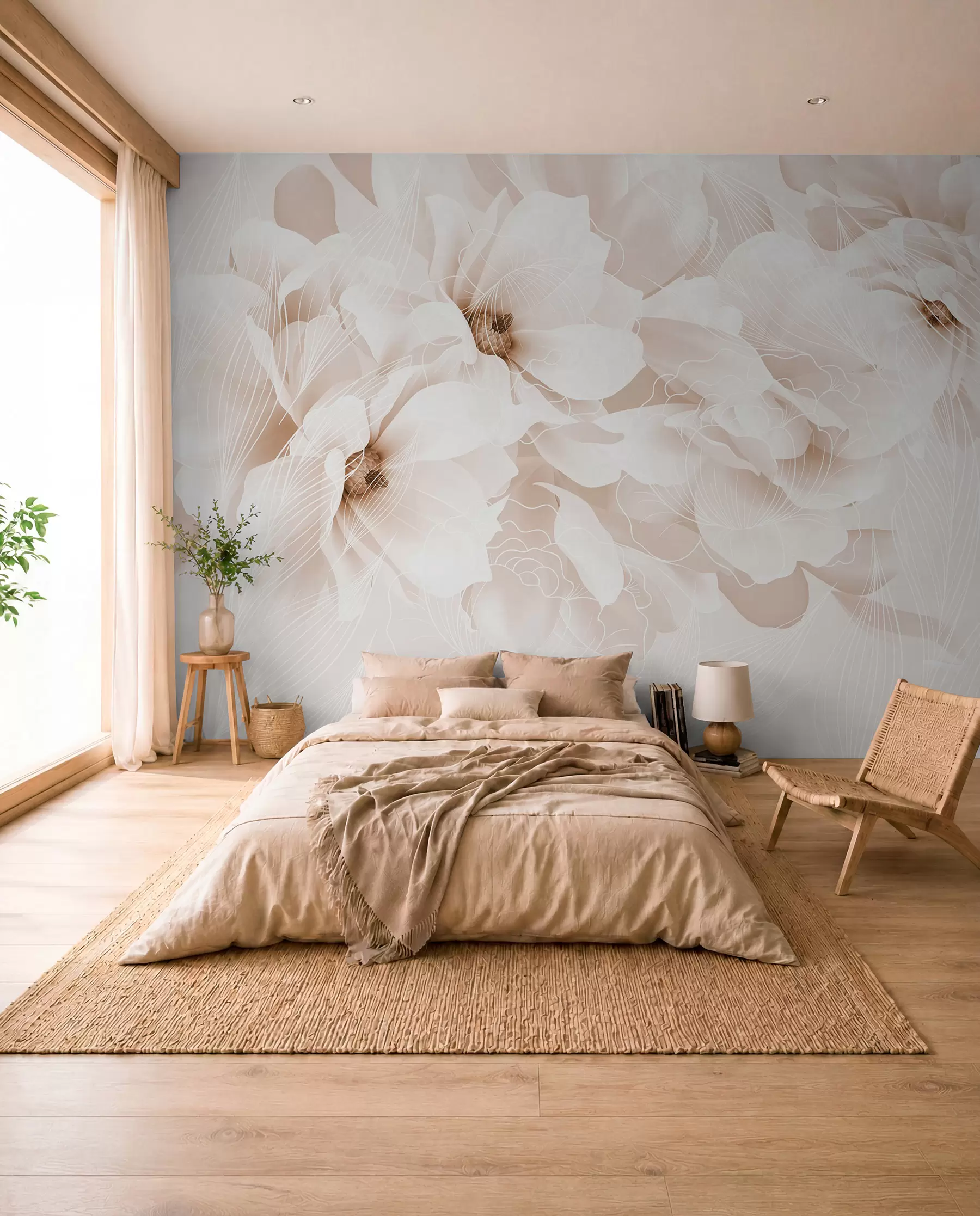 Fototapet Pastellfärgade pionblommor med vita och beige fina kronblad och vita linjer på en ljusbeige bakgrund w08826v1