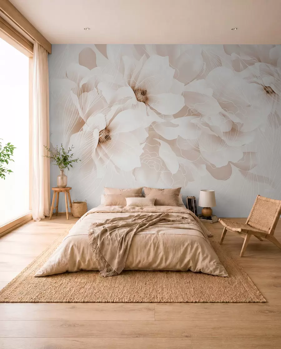 Fototapet Pastellfärgade pionblommor med vita och beige fina kronblad och vita linjer på en ljusbeige bakgrund w08826v1