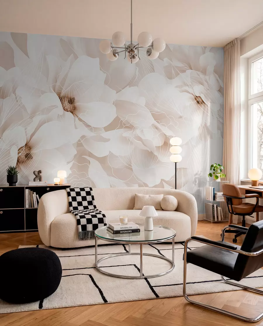 Fototapet Pastellfärgade pionblommor med vita och beige fina kronblad och vita linjer på en ljusbeige bakgrund w08826v1