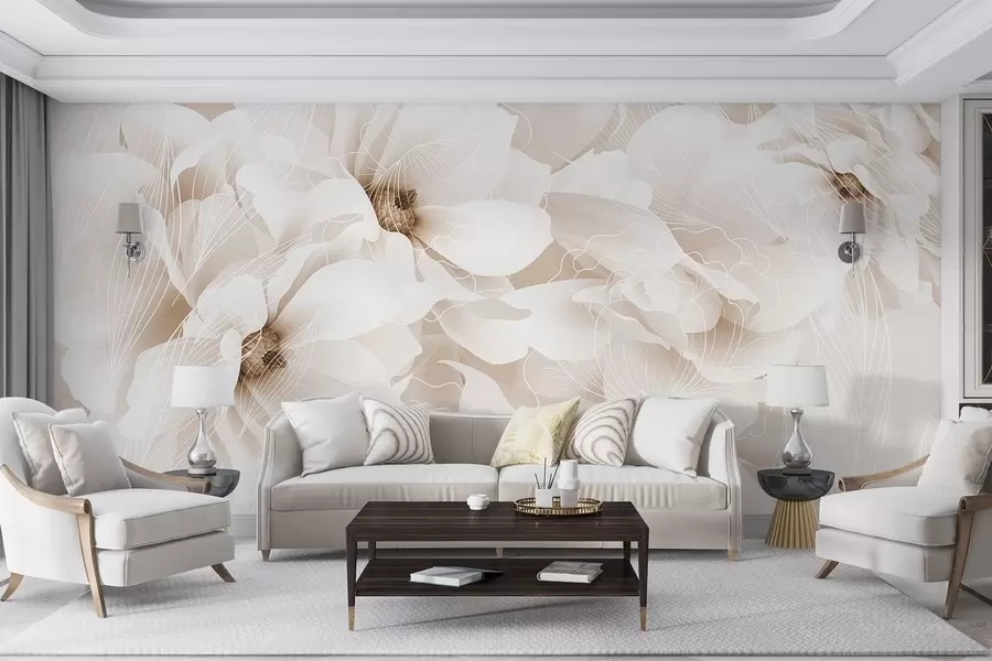 Fototapet Pastellfärgade pionblommor med vita och beige fina kronblad och vita linjer på en ljusbeige bakgrund w08826v1