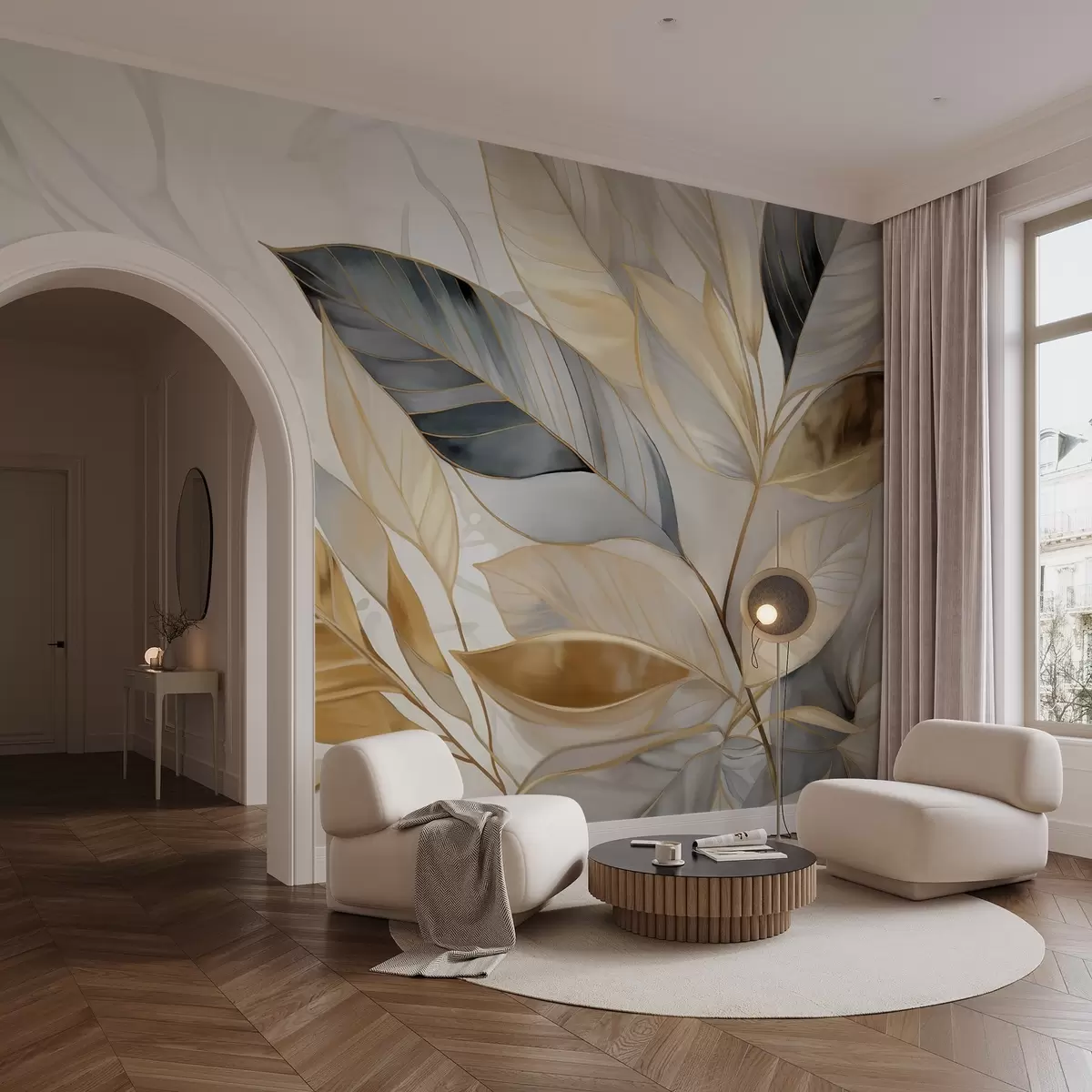 Fototapet Gula, grå och vita skira stora blad på en vit abstrakt texturerad bakgrund w08828