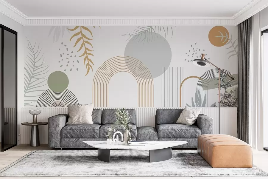 Fototapet Abstrakt tryck med geometriska former, bågar och tropiska blad på en vit bakgrund w08835