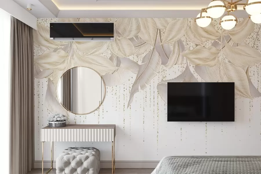 Fototapet Vit detaljerad tropiska blad och gula prickar textur på en vit bakgrund w08836