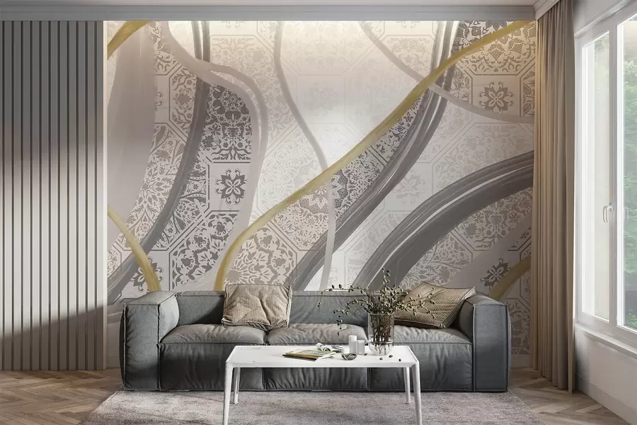 Fototapet Abstrakt målning med geometriska mönster och böjda linjer i beige, grå och gula färger w08837