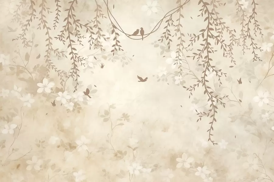 Fototapet Fåglar med hängande växter och ett blommönster i ljusa beige-krämtoner w08809