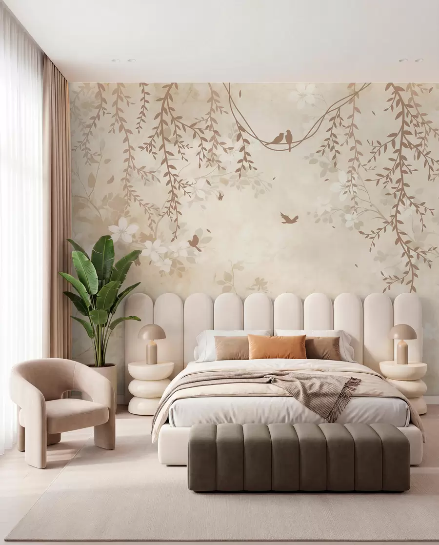 Fototapet Fåglar med hängande växter och ett blommönster i ljusa beige-krämtoner w08809