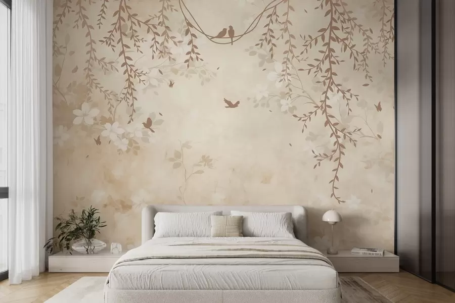 Fototapet Fåglar med hängande växter och ett blommönster i ljusa beige-krämtoner w08809