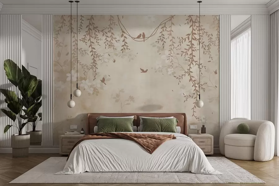 Fototapet Fåglar med hängande växter och ett blommönster i ljusa beige-krämtoner w08809