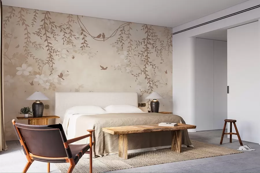 Fototapet Fåglar med hängande växter och ett blommönster i ljusa beige-krämtoner w08809