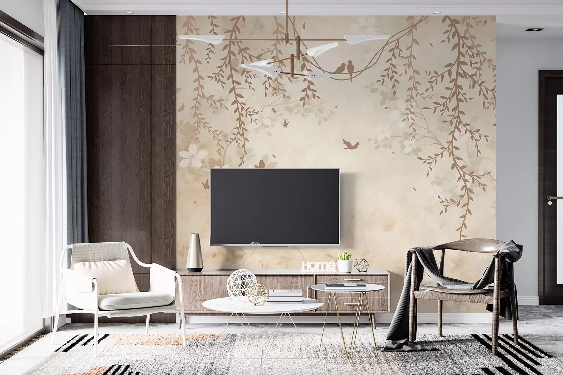 Fototapet Fåglar med hängande växter och ett blommönster i ljusa beige-krämtoner w08809