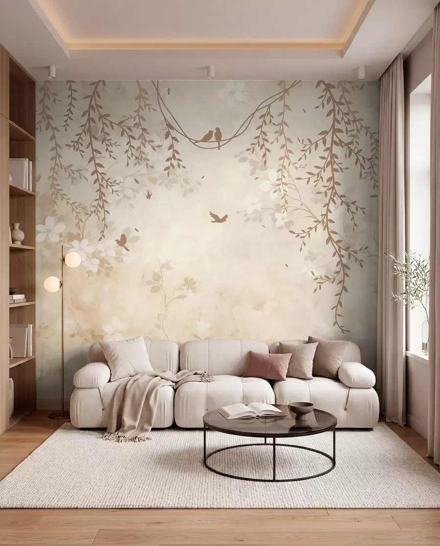 Fototapet Fåglar med hängande växter och ett blommönster i ljusa beige-krämtoner w08809