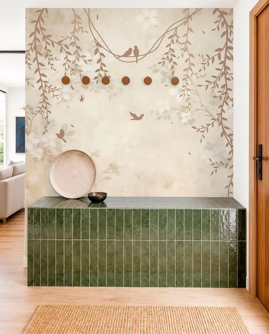 Fototapet Fåglar med hängande växter och ett blommönster i ljusa beige-krämtoner w08809