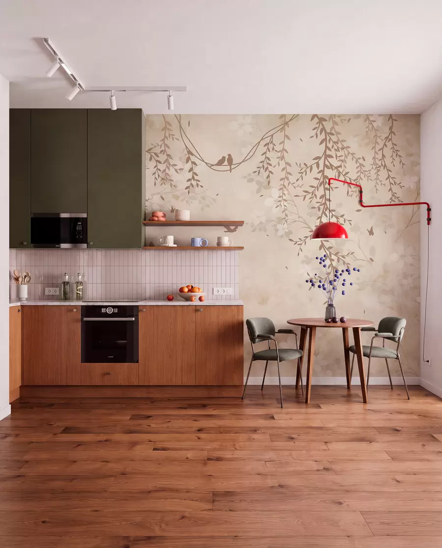 Fototapet Fåglar med hängande växter och ett blommönster i ljusa beige-krämtoner w08809