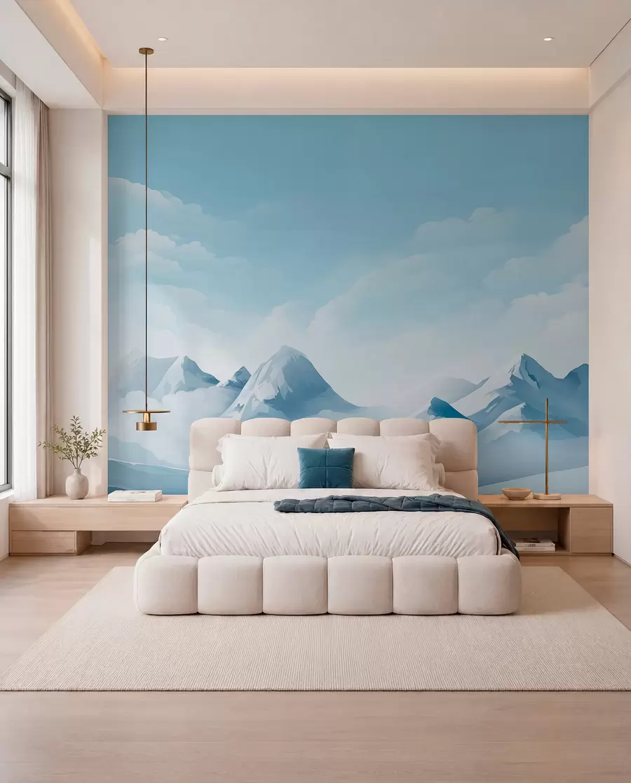 Fototapet Minimalistiska blå moln och berg, iskallt väder w08811