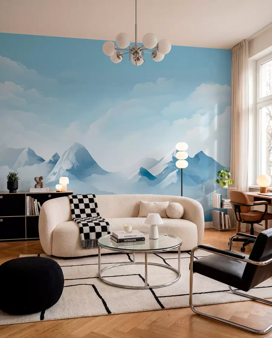 Fototapet Minimalistiska blå moln och berg, iskallt väder w08811