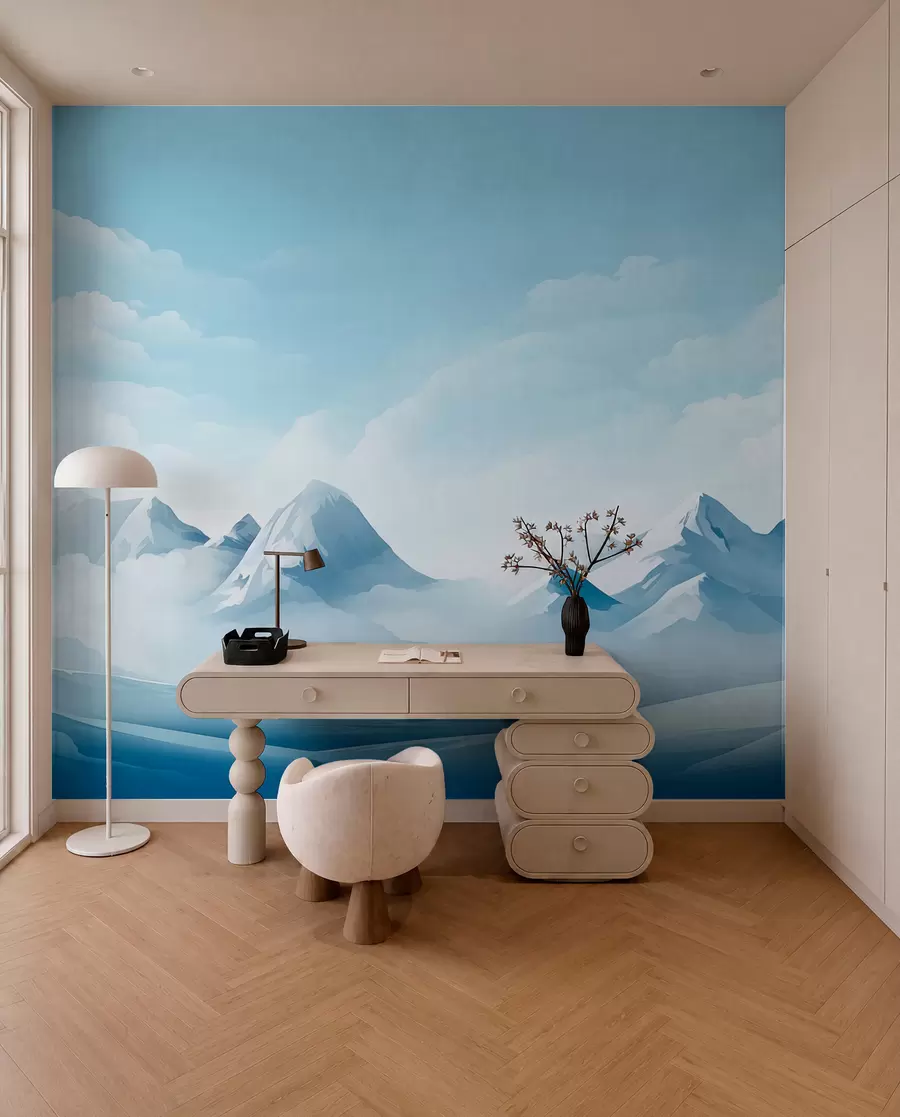 Fototapet Minimalistiska blå moln och berg, iskallt väder w08811