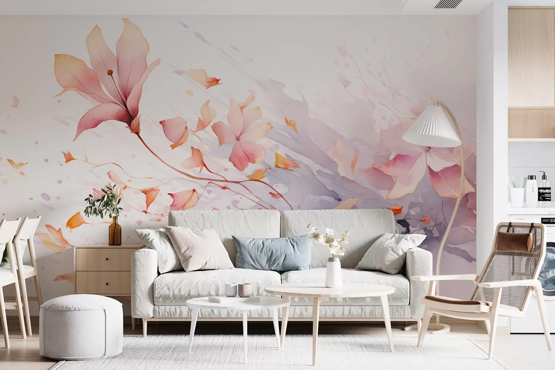 Fototapet En blomma med fallande kronblad som fladdrar i vinden i akvarellstil w08821