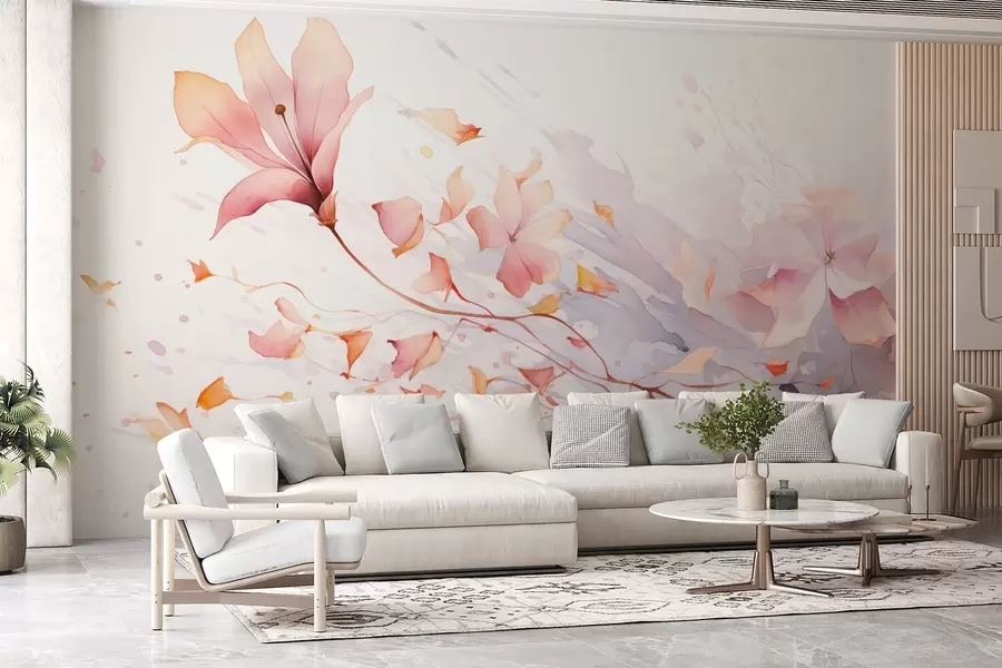 Fototapet En blomma med fallande kronblad som fladdrar i vinden i akvarellstil w08821