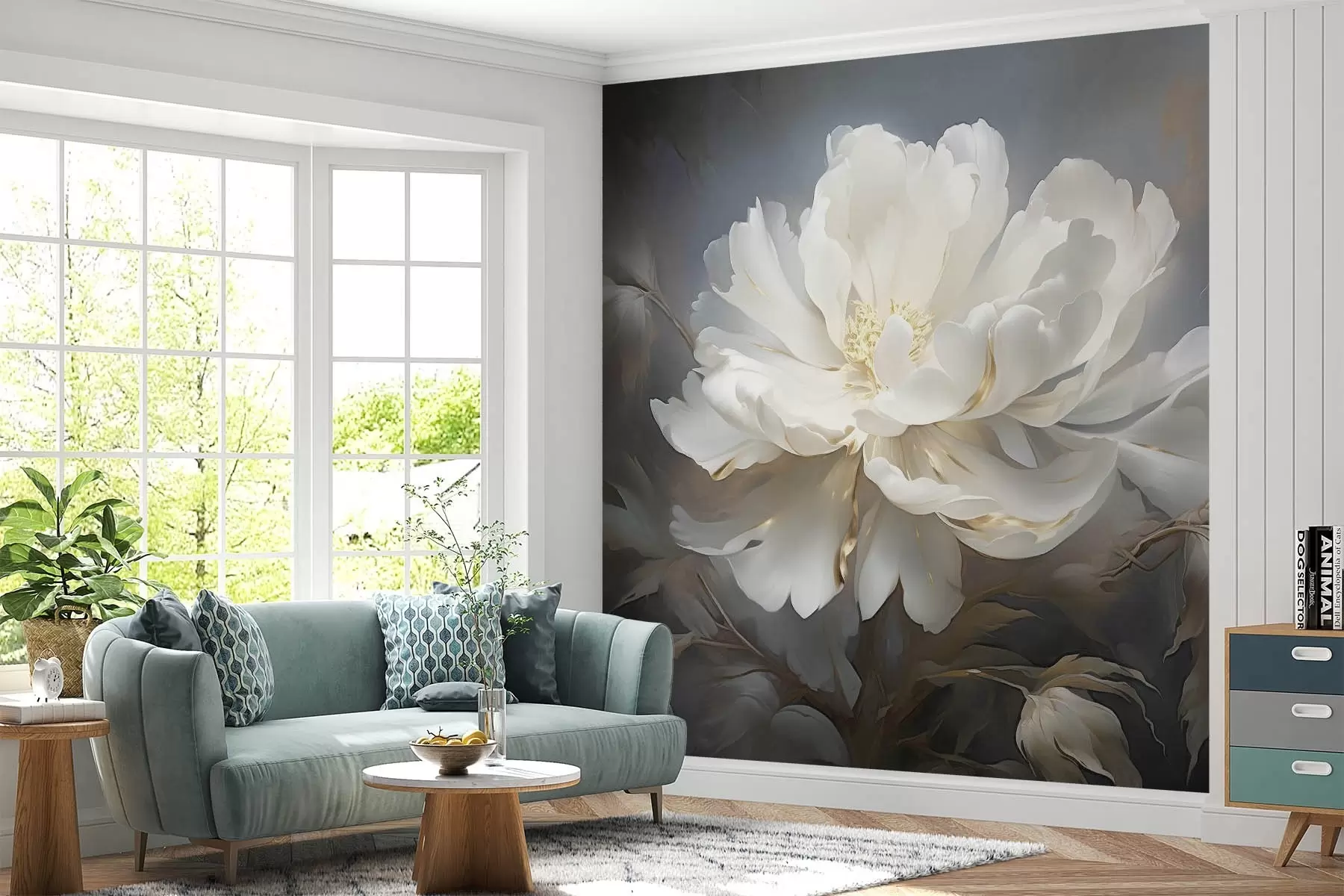 Fototapet Stor vit abstrakt blomma på en mörk bakgrund w08859