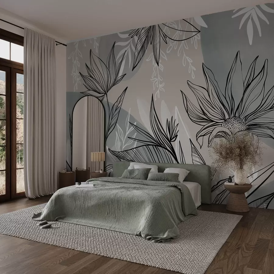 Fototapet Blommig linjekonst med stora blad och blommor, mot en bakgrund av beige och blå akvarellfärger  w08865