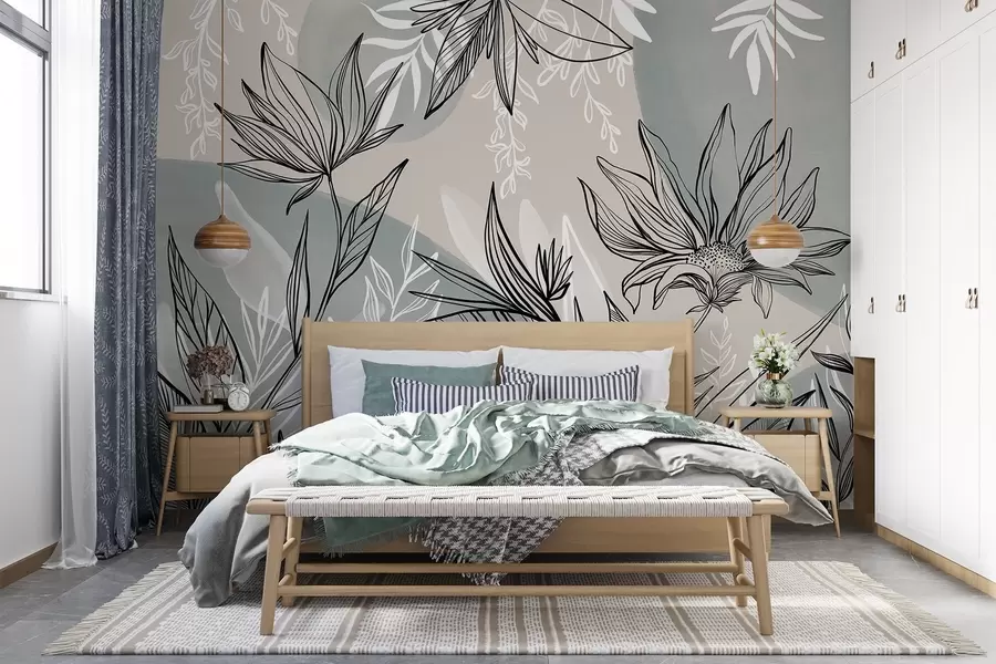 Fototapet Blommig linjekonst med stora blad och blommor, mot en bakgrund av beige och blå akvarellfärger  w08865
