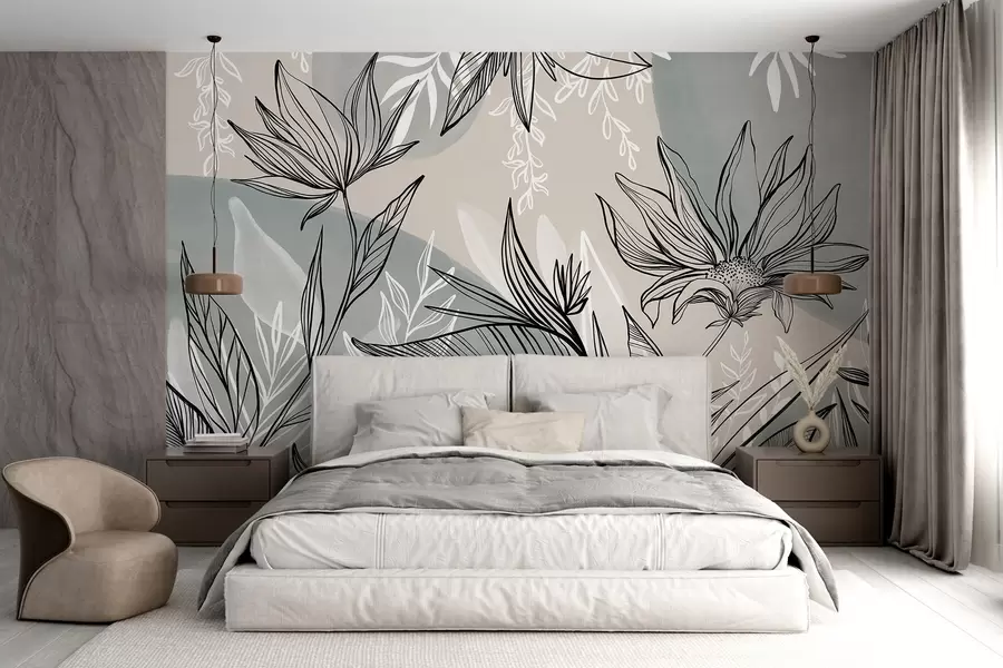 Fototapet Blommig linjekonst med stora blad och blommor, mot en bakgrund av beige och blå akvarellfärger  w08865