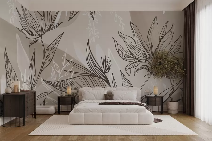 Fototapet Blommig linjekonst med stora blad och blommor, mot en bakgrund av beige akvarellfärg  w08865v1