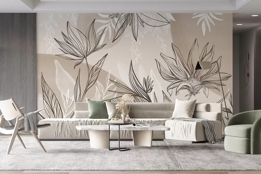 Fototapet Blommig linjekonst med stora blad och blommor, mot en bakgrund av beige akvarellfärg  w08865v1